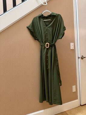 SHEIN Olive Green Button-Front Belted Maxi Shirt Dress